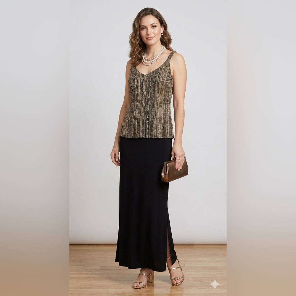 Alex Evenings Black Bronze Metallic Bodice Maxi Dress Sleeveless V-Neck Gown 12